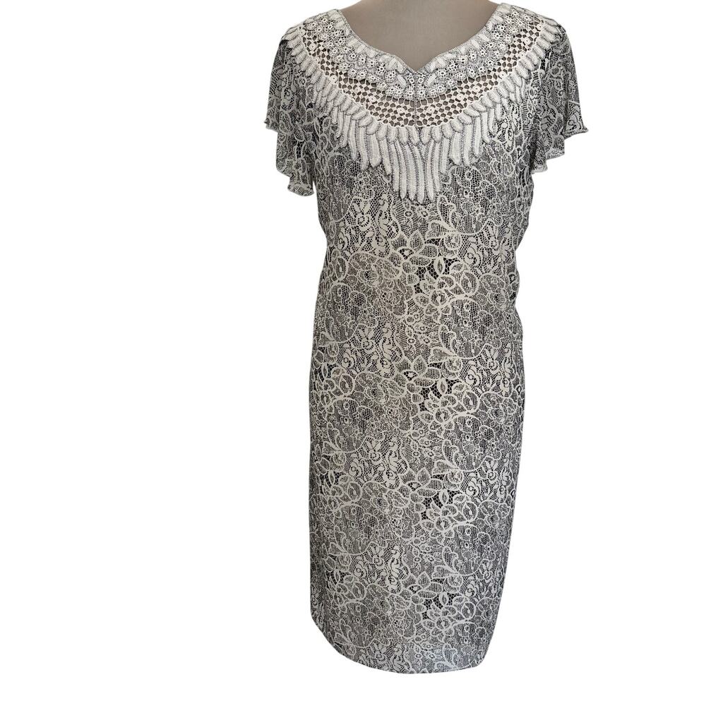 Badgley Mischka Embroidered Lace Print Crepe Dress Flutter Sleeve Boho Romantic